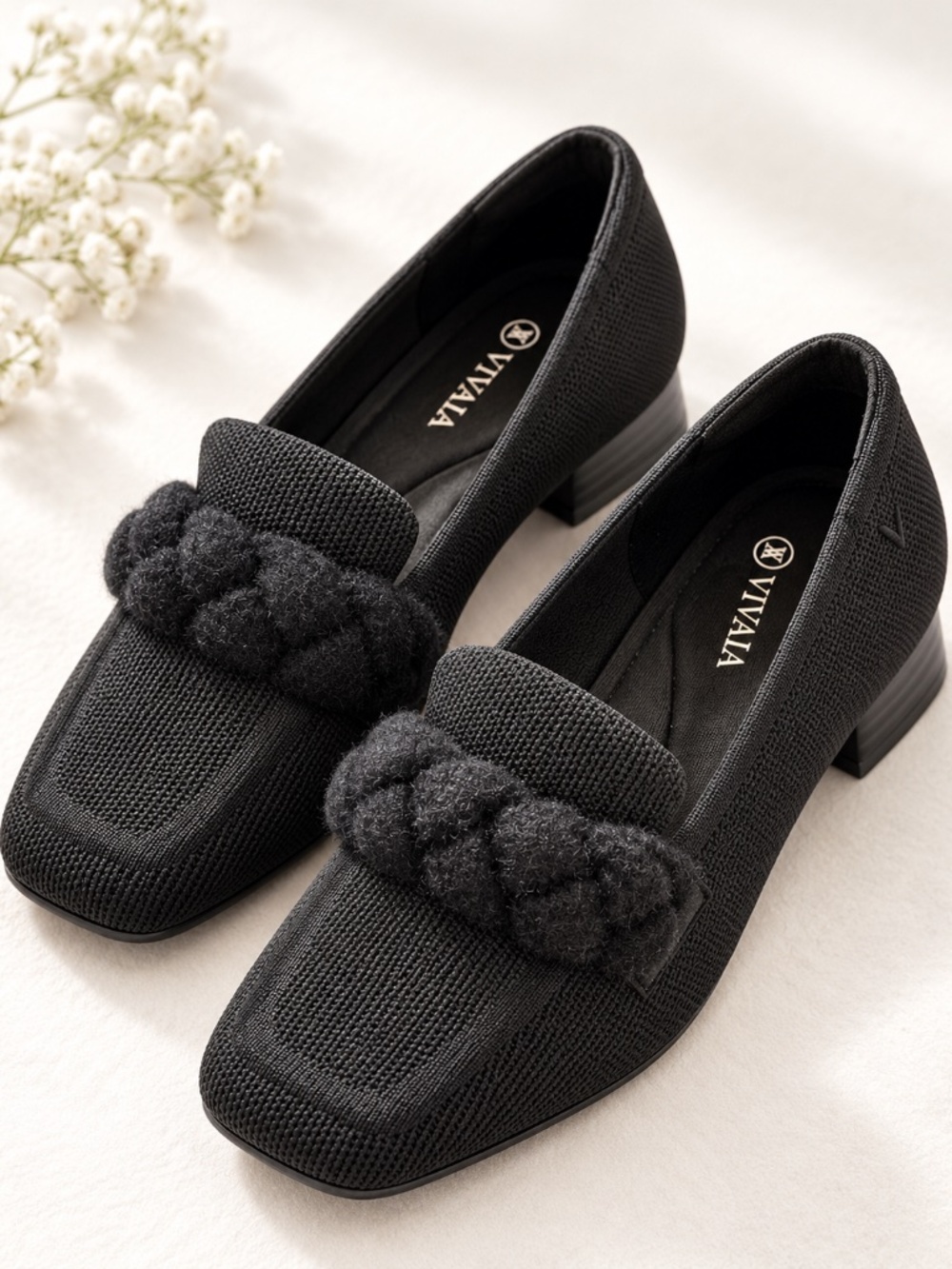 VIVAIA Black Chunky Knit Loafers Braided Detail Square Toe Size 39.5